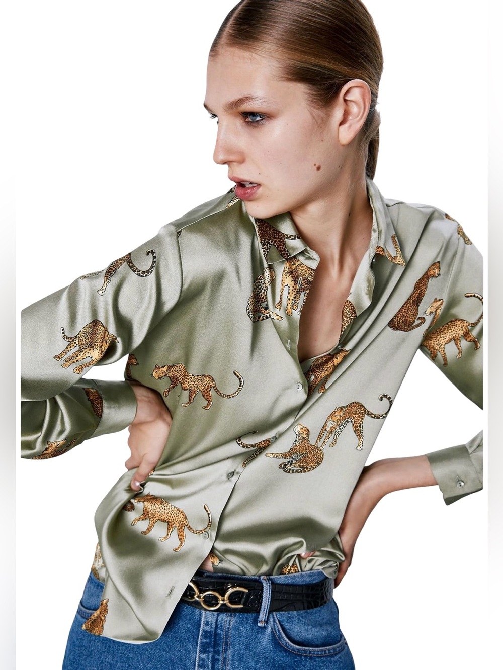 YONG TONG Gray Satin Leopard Print Blouse Shirt XL NWT Silk Feel Safari chic - Picture 3 of 8
